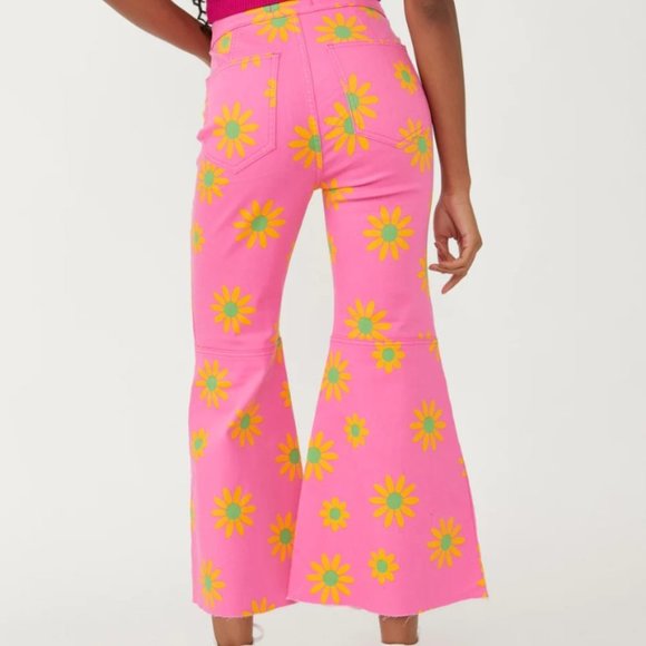 63) NWT Free People YouthQuake Pink Orange Floral Printed Crop Hipster Jeans - Picture 2 of 8